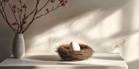 Poster - A simple, serene still life showcasing a white egg nestled in a natural nest. Soft light highlights the beauty of the moment. Perfect for nature lovers and minimalistic decor. AI