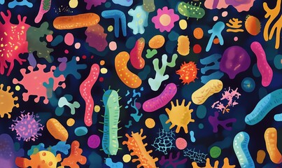 Poster - Colorful Microorganisms and Bacteria Illustration Featuring Diverse Shapes and Sizes in Vibrant Colors