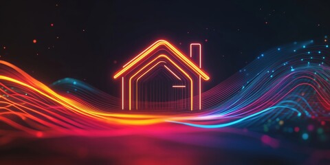Poster - Neon house silhouette glowing amidst vibrant waves of colorful light, representing modern technology and digital home concepts