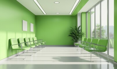 Poster - Modern waiting room design featuring vibrant green walls, sleek green chairs, and ample natural light