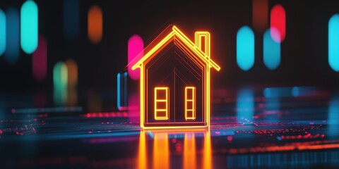 Poster - Neon house icon glowing on digital circuit background, representing technology and modern architecture, vibrant colors and futuristic design