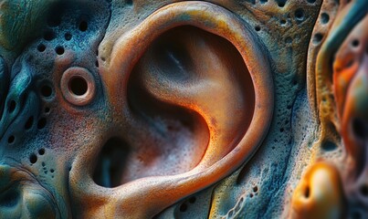 Poster - Abstract ear structure with vibrant colors and intricate textures, showcasing organic forms and fluid shapes