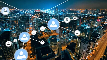 Poster - A vibrant city skyline glows at night, showcasing buildings illuminated by lights. Network connections overlay the scene, symbolizing technological integration in urban life.