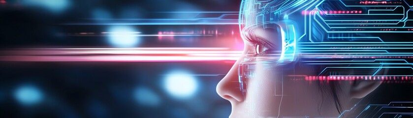 Poster - A futuristic depiction of a human head with glowing circuits and digital elements, symbolizing advanced technology, AI, and the fusion of human cognition with digital environments.