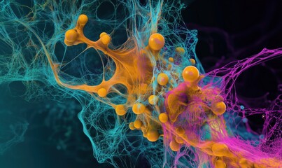 Poster - Abstract colorful network of interconnected spheres and fibers, showcasing vibrant orange, blue, and pink hues, representing complex structures and organic forms