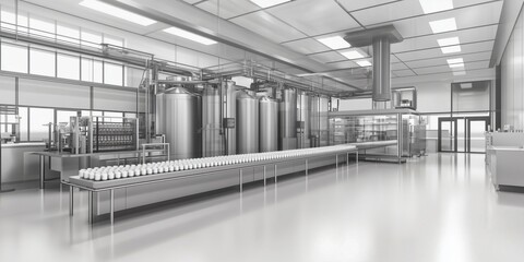 Poster - Modern industrial food processing facility featuring large stainless steel tanks, automated bottling line, and sterile environment for production