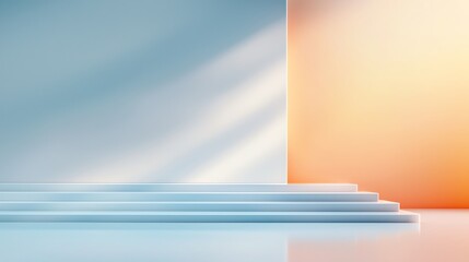 Poster - A minimalist architectural setting featuring soft gradients of blue and orange light, creating a serene and modern atmosphere, perfect for presentations or artistic displays.