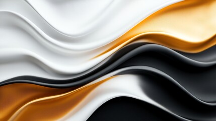 Poster - A stunning abstract design featuring flowing waves of black, white, and gold tones, creating a sense of movement and elegance, suitable for modern design projects.