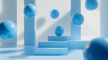 Wall Mural - Abstract 3D Rendering background with blue bouncing balls.