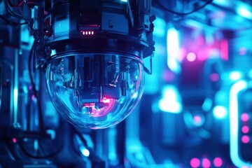 Poster - Futuristic technology with glowing lights and intricate machinery in a dark environment