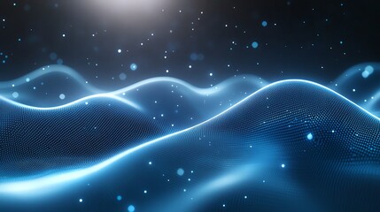 Poster - Abstract blue waves represent digital innovation and technology. Light particles enhance the futuristic atmosphere. Ideal for themes of science, data, and modernity.