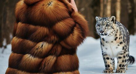 woman in fur coat encounters snow leopard in winter forest