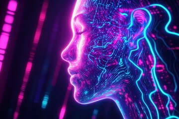 Poster - Neon light representation of a human profile with digital patterns and vibrant colors