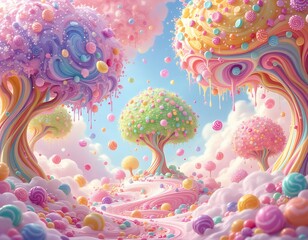 Whimsical Candyland: Pastel Trees, Gummy Landscape, Sweet Dreamscape