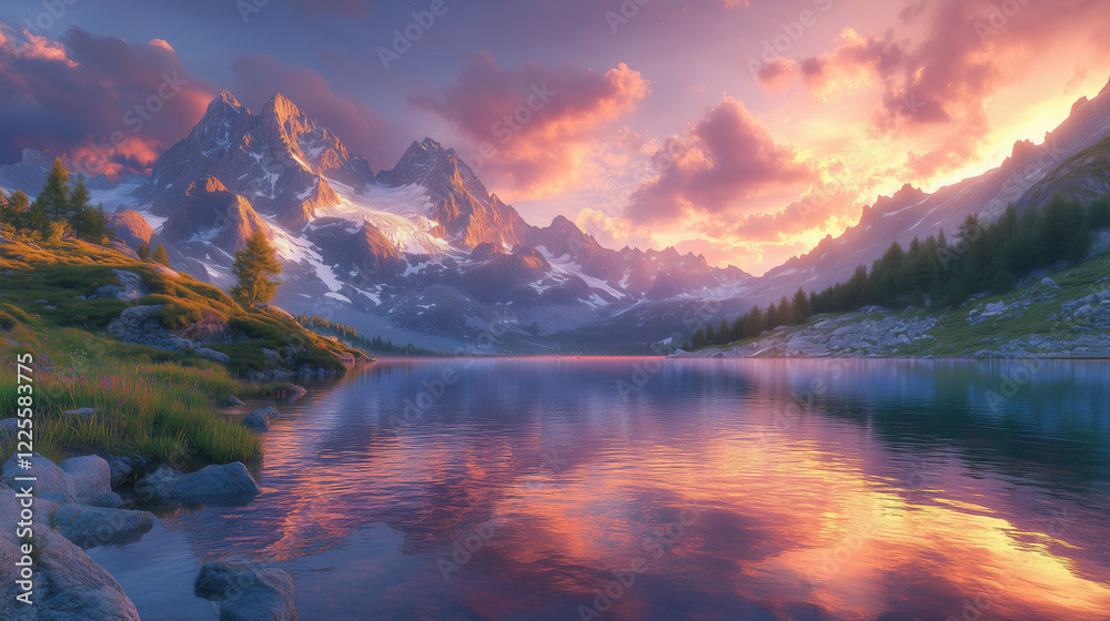 Majestic alpine landscape in the sunset, crystal clear mountain lake ...