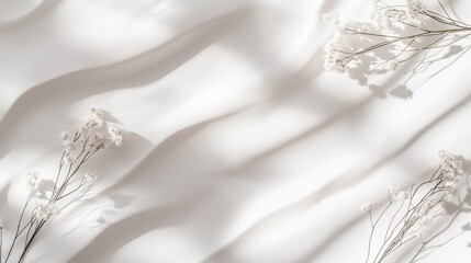 Poster - Elegant white fabric draped softly with delicate flowers casting gentle shadows in a serene ambiance