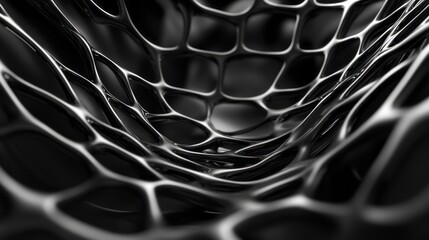 3D render, abstract black background with a metal mesh pattern, a shiny metallic surface, and an intricate geometric texture, in a close-up view. 