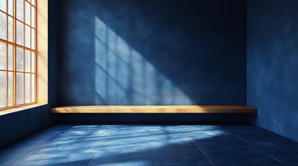 Aufkleber - Sunlight filters through a large window onto a serene blue room with a wooden bench, creating an ambiance of tranquility and warmth during the afternoon