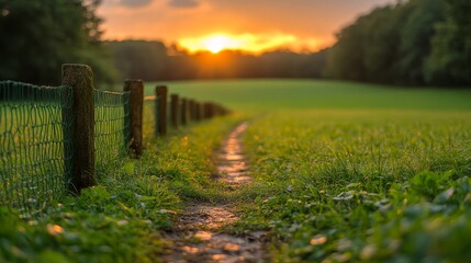 Poster - Breathtaking sunset illuminates a tranquil pathway through a lush green field, evoking peaceful contemplation at dusk