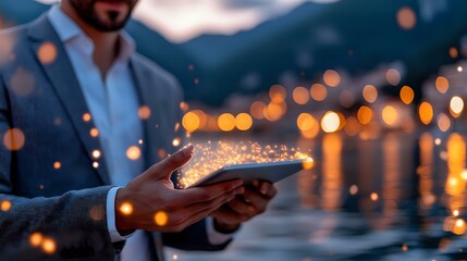 Poster - Middle Eastern businessman in suit holding smartphone with magical glowing light particles emerging from screen against blurred city lights and water reflection at dusk.
