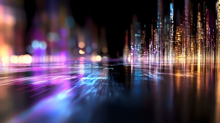 Poster - Futuristic cityscape reflection on wet surface with glowing neon lights and bokeh effect creating dynamic urban nightscape with purple and blue colors.
