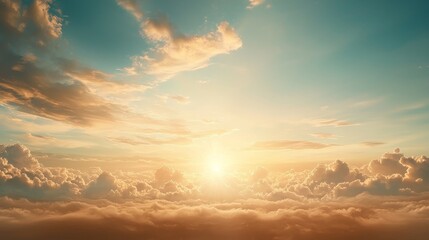 Wall Mural - a stunning sky scene with a bright sun rising above soft clouds, casting warm hues across the horizo