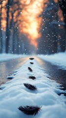 Poster - Winter path marked by delicate feathers leads towards a warm golden glow of the setting sun through a snowy forest in the tranquil evening