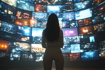 woman in business casual attire observing massive digital display of streaming platforms and social 