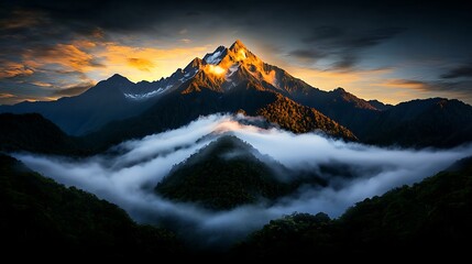 Sticker - Majestic sunrise illuminates peak, clouds in valley, mountain range backdrop, nature photography