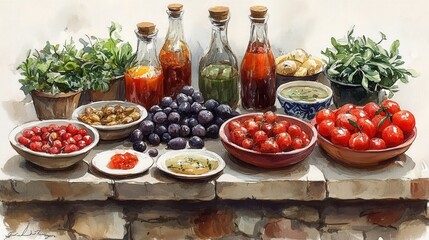 Canvas Print - A vibrant display of fresh ingredients including tomatoes, olives, and herbs on a rustic table