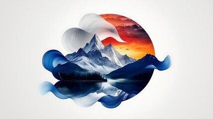 Sticker - Majestic sunset mountains reflected in calm lake, abstract design, nature wallpaper