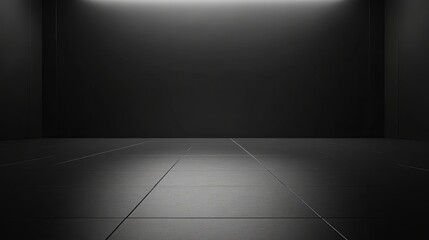 Poster - Dimly lit empty room with sleek black tiles reflecting subtle light creating an atmosphere of mystery and anticipation