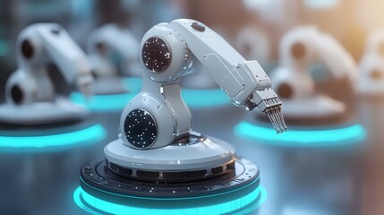 Poster - Modern robotic arm with glowing blue circular base against dark background, futuristic automated manufacturing technology in motion, industrial machinery concept.