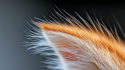 Poster - Extreme macro close-up of orange and white feather showing delicate barbs and intricate texture details against dark background. Soft focus creates dreamy atmosphere.