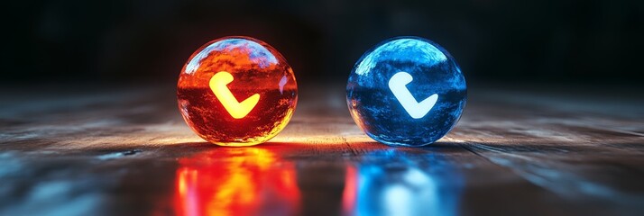 Poster - Vibrant orbs of red and blue light create a striking contrast on a wooden surface during a quiet evening in an artistic setup
