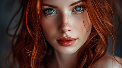 A close-up portrait of a young woman with striking red hair, piercing blue eyes, and a confident expression.