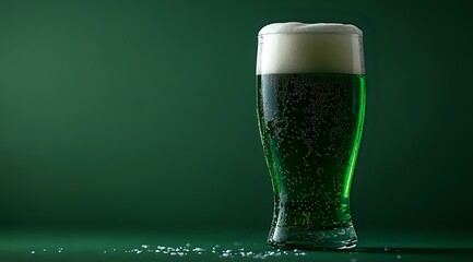 Poster - Glass of dark green beer with foam head on dramatic dark background with bubbles and droplets, celebrating St Patrick's Day holiday festivities.