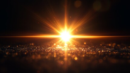 Poster - Golden rays pierce the darkness as the sun begins to rise over a tranquil landscape, casting shimmering reflections across dew-kissed surfaces