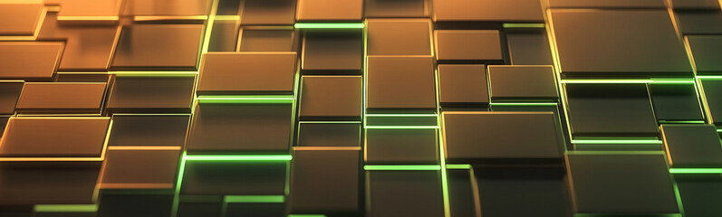 Poster - Abstract golden cubes surface with glowing green neon lights