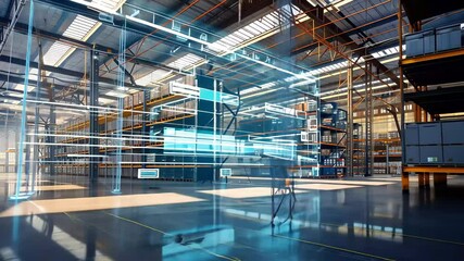 Poster - A spacious warehouse features virtual shelving and advanced logistics technology, illuminated by natural light from skylights, enhancing the modern industrial atmosphere.