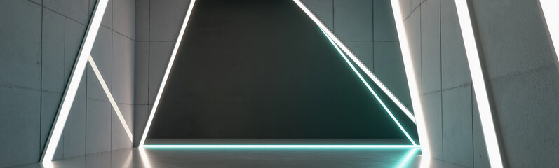 Poster - Futuristic gallery interior with triangle shaped neon lights illuminating concrete walls