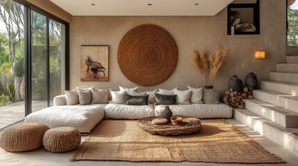 Aufkleber - Cozy interior design featuring earthy tones and natural textures in a modern living space