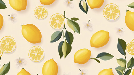 Aufkleber - Seamless pattern with lemons, slices and flowers growing on a branch