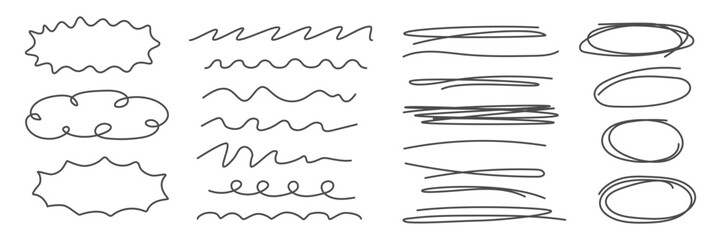 Poster - Minimalist collection of hand drawn shapes and lines. Doodle outlines, zigzag stroke, speech bubble frames. Underline emphasis elements for modern design, infographics, educational materials