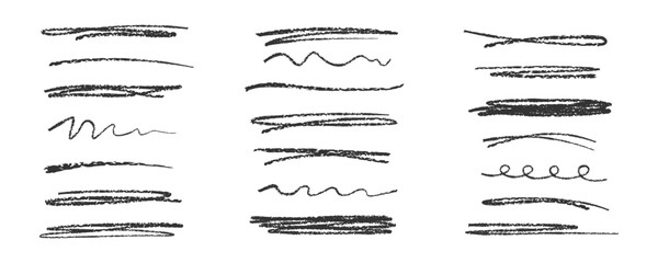 Poster - Set of hand drawn Black pencil texture underline strokes. Vector collection textured crayon sketch stroke elements isolated on white. Abstract scribbles, wavy line for creative design