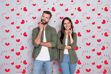 Poster - Photo of young couple fingers touch chin guess look empty space plan feelings romance isolated over grey color background