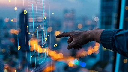 Poster - A person is gesturing towards a digital display with glowing graphs and data points while overlooking a bustling city at dusk, highlighting modern technology trends.