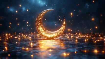 Wall Mural - Golden Crescent Moon Illuminated Amidst Sparkling Stars
