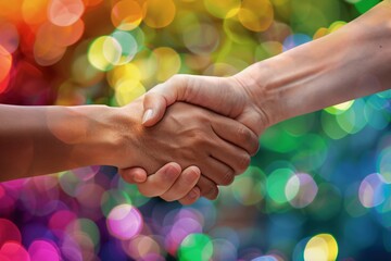 Poster - Two people shaking hands with a colorful background symbolizing diversity and inclusion