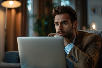 Poster - Businessman works late and gazes contemplatively into the distance